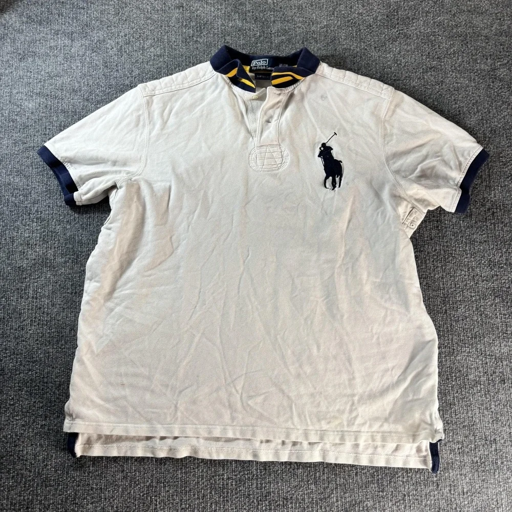Polo By Ralph‎ Lauren Polo Shirt Mens 2XL White Big Pony Custom Fit Navy Collar